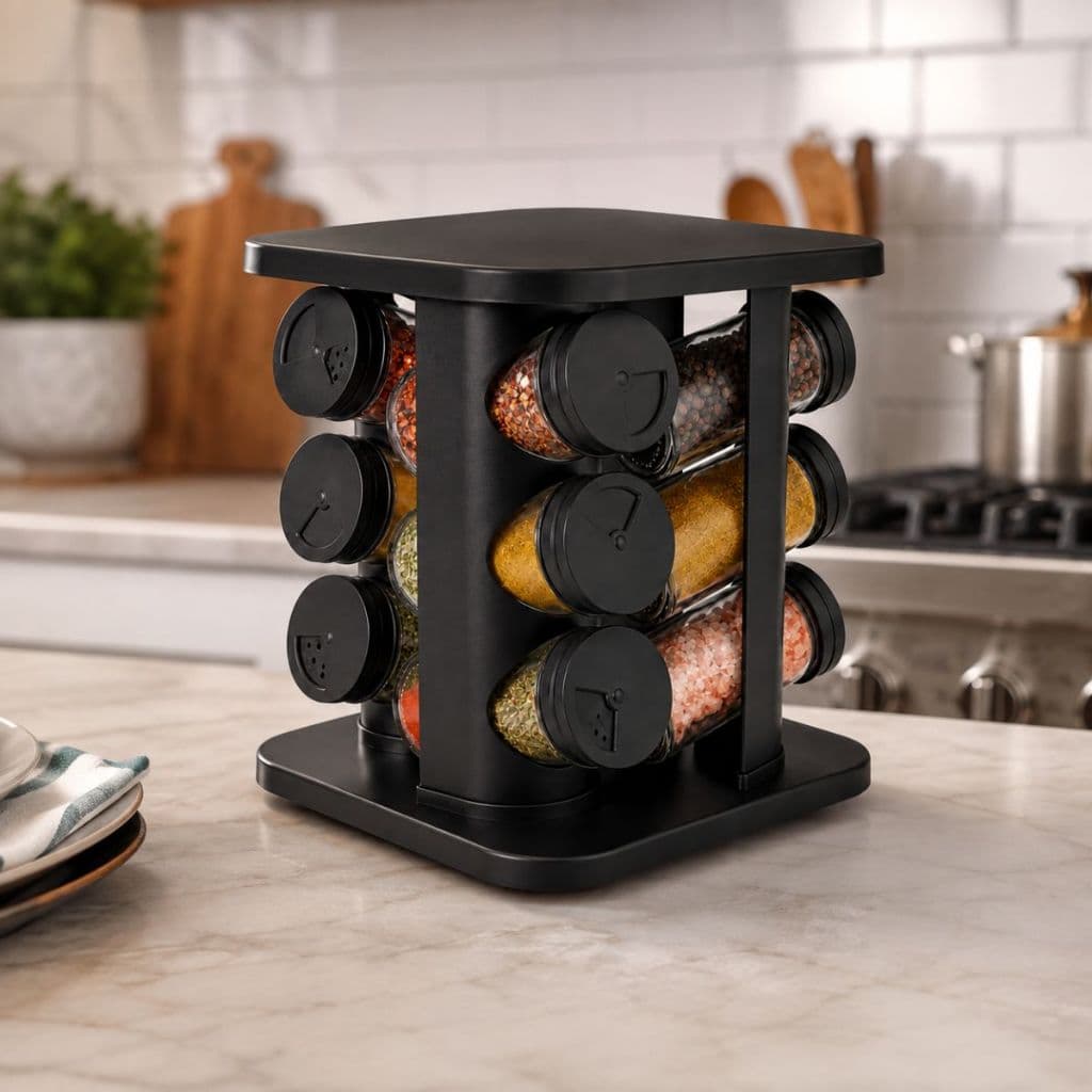 Porta Condimentos Tempero Giratório 360° 12 Potes Vidro 85ml Organizador Cozinha Suporte Mesa Preto