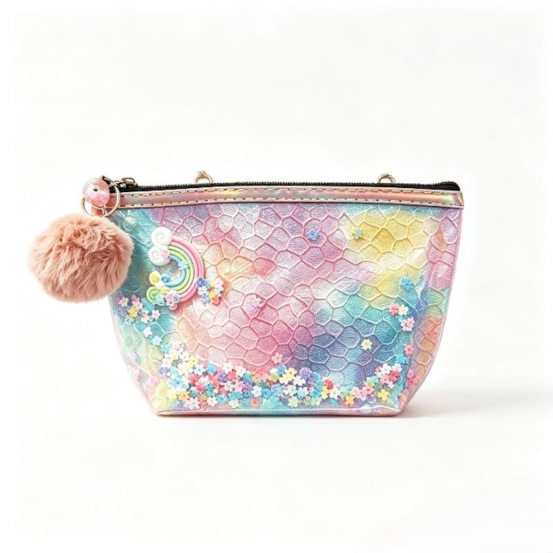 Necessaire Holográfica Flores e Arco‑Íris Móveis