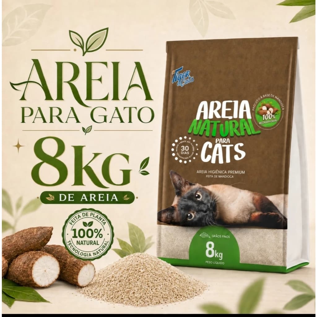 KIT CX Com 8kg de Areia Higiênica Natural Biodegradável Mandioca Para Gatos Tiger Cats,ACOMPANHA BANDEJA E PAZINHA JUNTO
