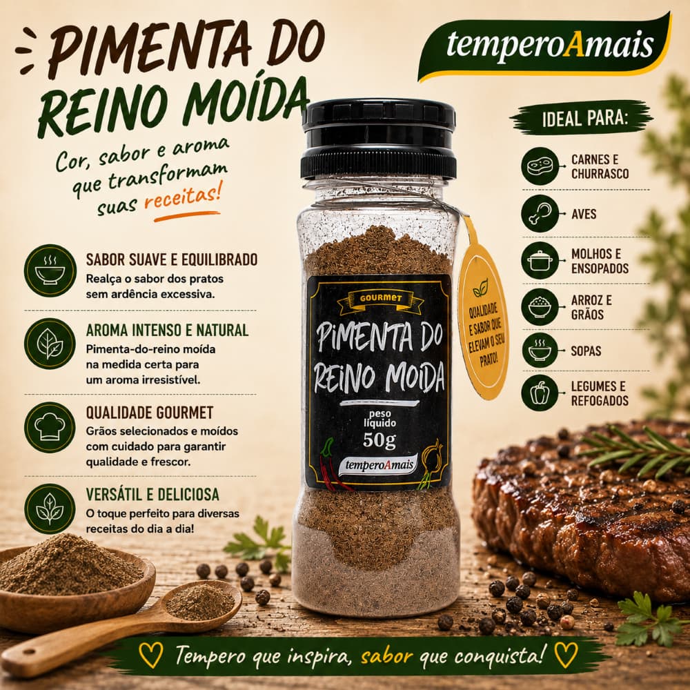 Pimenta do Reino Moída 50g Pimenta Preta 100% Pura Tempero Cozinha