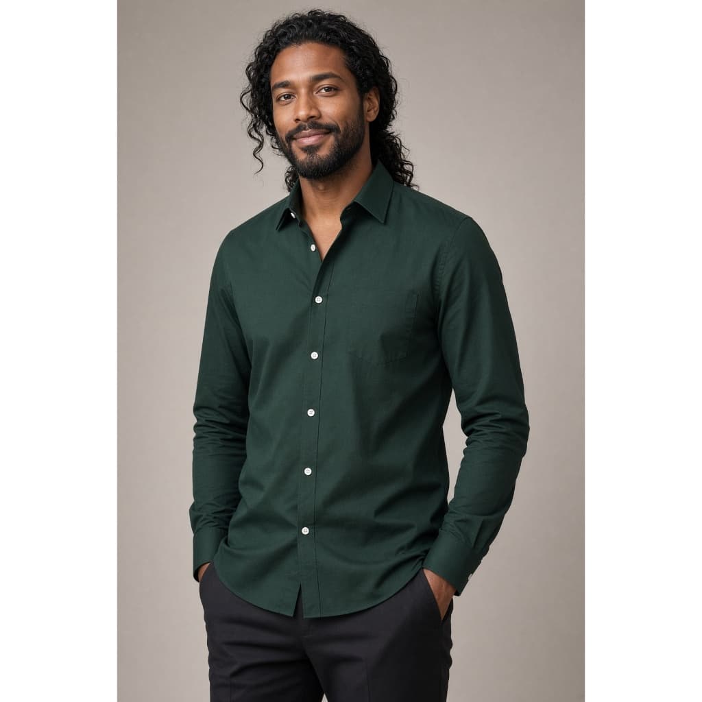 Camisa Social Masculina Manga Longa Verde Petróleo Lisa Microfibra com Elastano Bolso Trabalho Uniforme Escritório