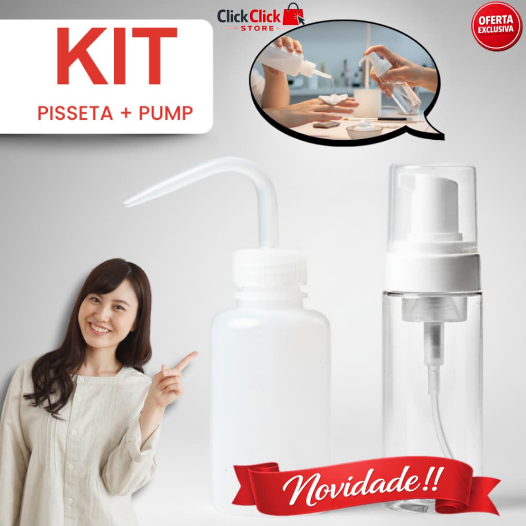 Kit Frasco Pisseta 150ml + Pump Espumador 100ml Para Cosméticos Limpeza e Multiuso