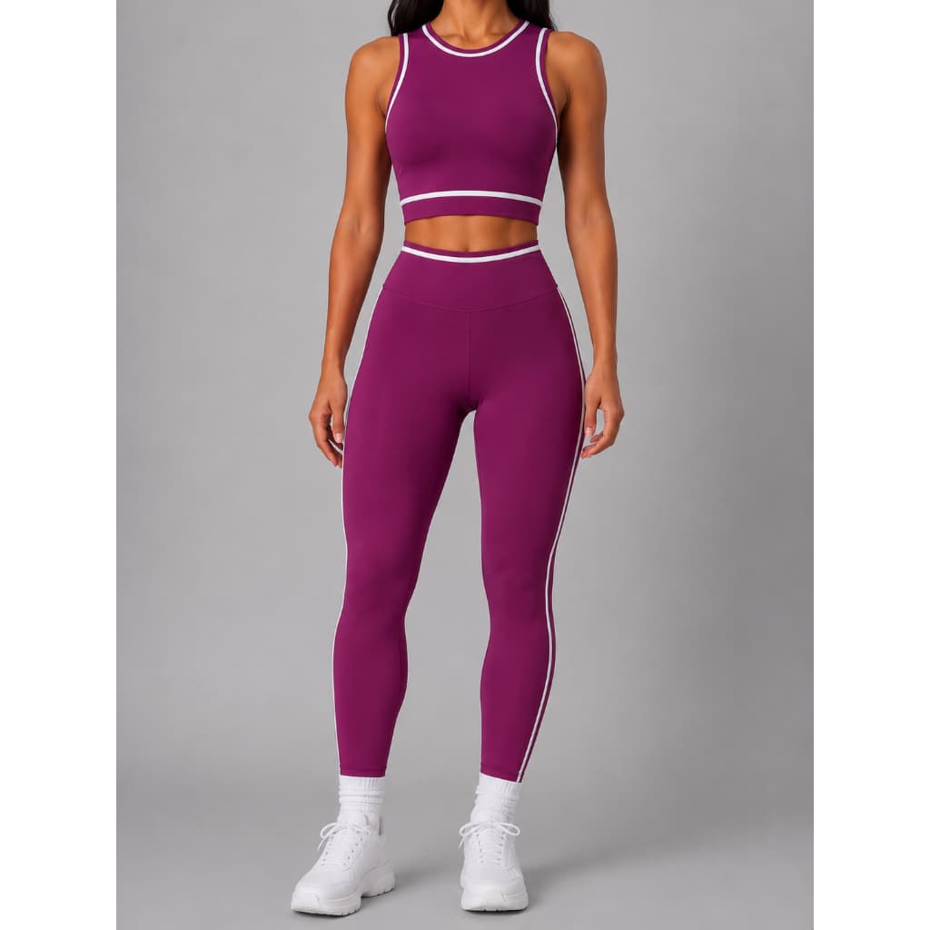 Conjunto Fitness Feminino Calça Legging e Cropped Decote Alto com Listras Laterais Academia