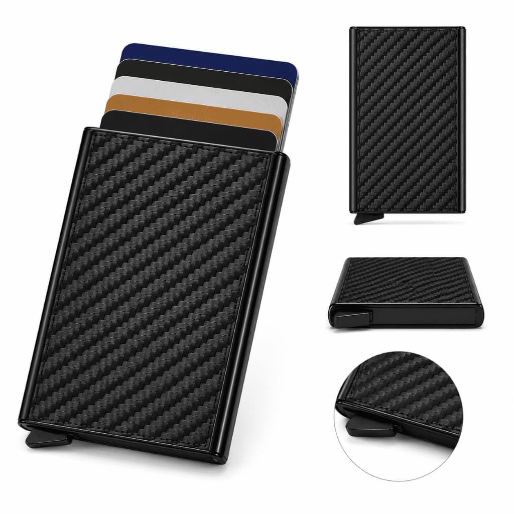 Carteira Masculina Porta Cartões Pop Up Automático Fibra de Carbono Slim Antifurto RFID