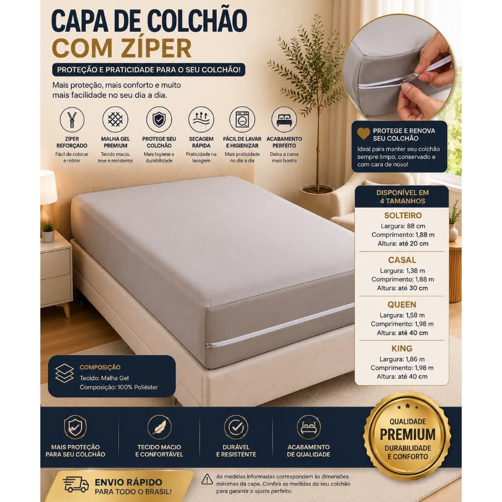 Capa De Colchão Protetora Em Malha Gel Com Zíper Casal Queen Solteiro King