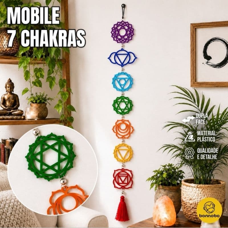 Mobile Mandala 7 Chakras Decorativo 80 cm Parede Decoração Zen Feng Shui, Dupla Face - Paz Meditação