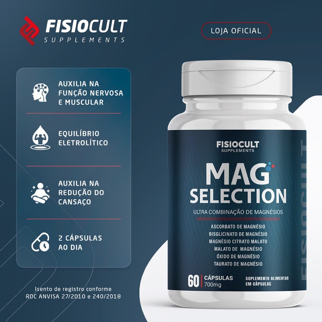 6 Magnésios 60 caps Mag Selection  Auxilia no Funcionamento Normal do Sistema Nervoso - Fisiocult Supplements