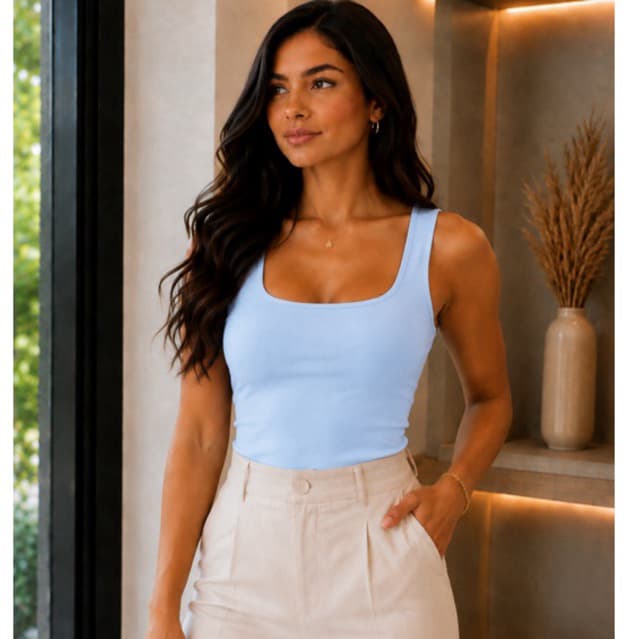 Regata Feminina Decote Gola Quadrada Blogueira Lisa Alça Larga Blusinha Casual Verão