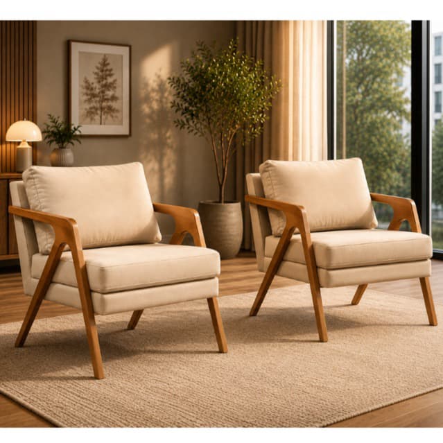 Kit 2 Poltrona Mona Decorativa Estofada Moderna Confortável para Sala, Quarto e Escritório Luxo Tecido Linho Cadeira