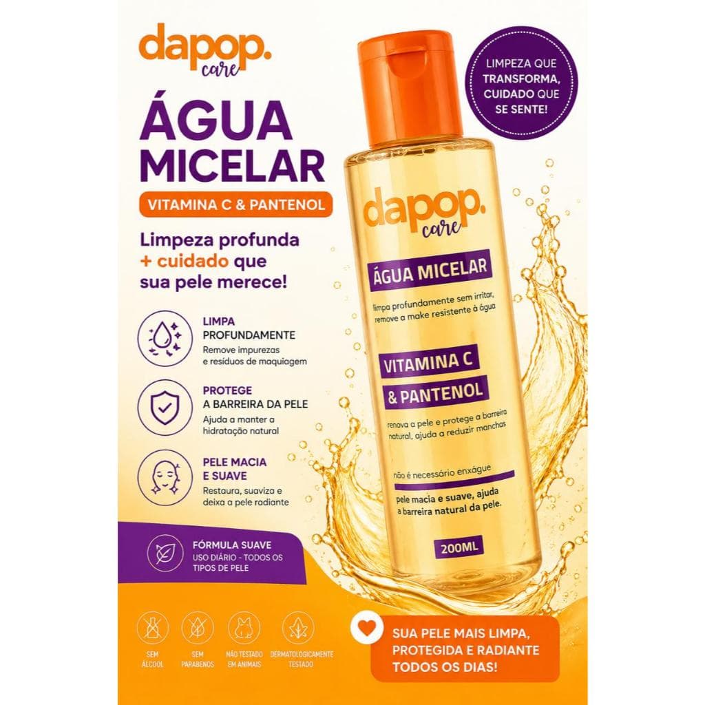 ÁGUA MICELAR DAPOP CARE, 200ML, COM VITAMINA C E PANTENOL.