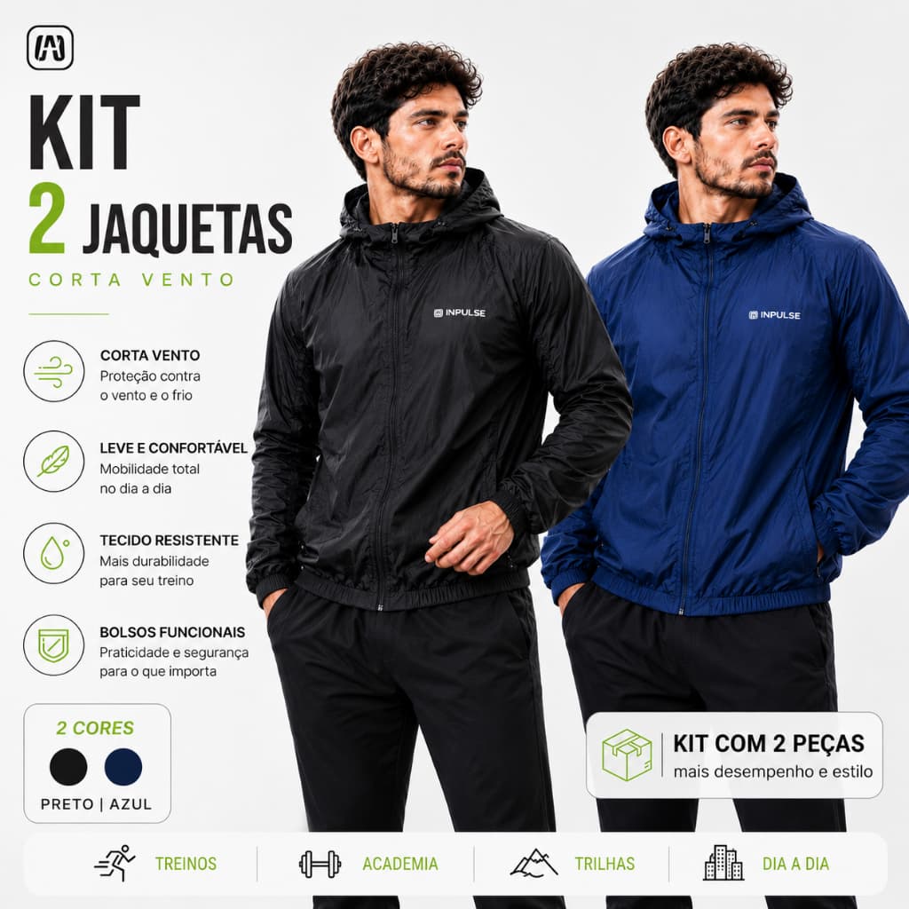 Kit 2 Jaquetas Masculinas Corta Vento Capuz Zíper Casaco Leve Esportivo Treino Corrida