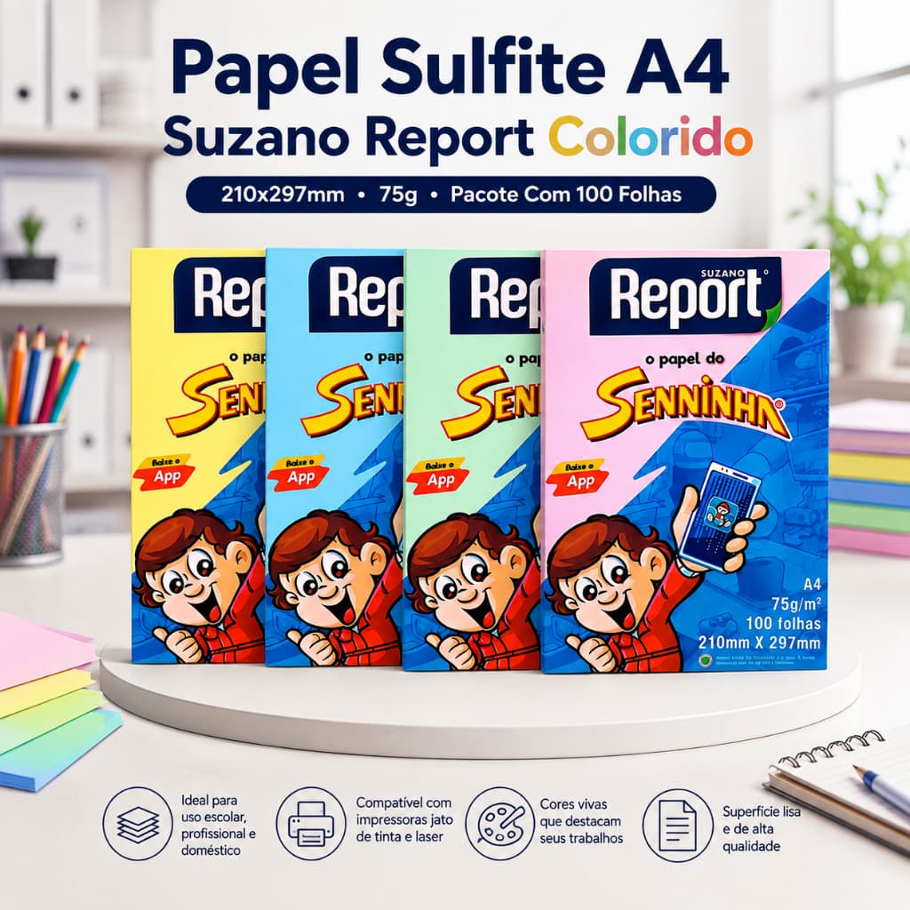 Papel Sulfite A4 Suzano Report Colorido 210x297mm 75g Pacote Com 100 Folhas