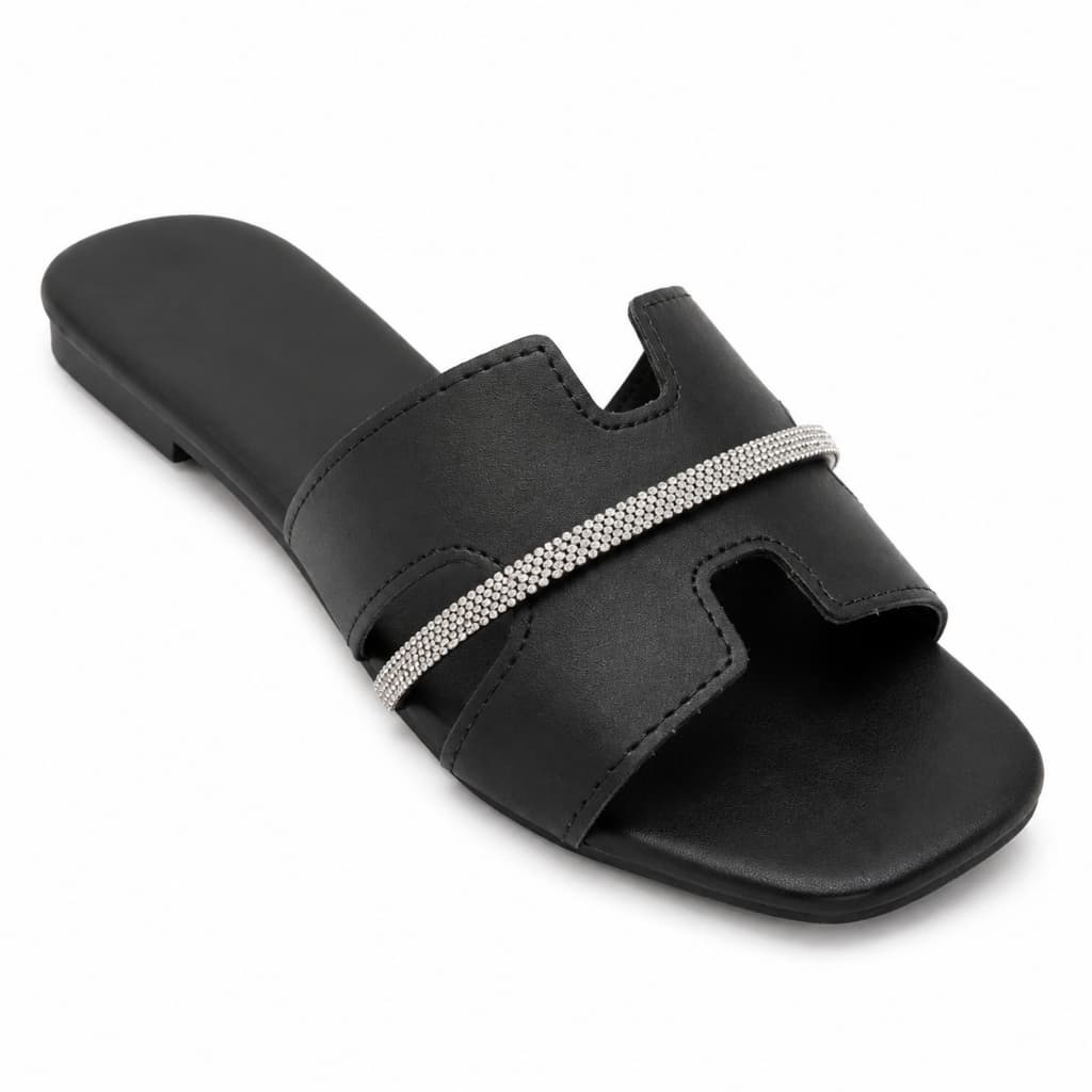 Sandália Rasteira Rasteirinha Feminina H Preta Strass Brilho Bico Quadrado Flat Slide Casual Dia a Dia
