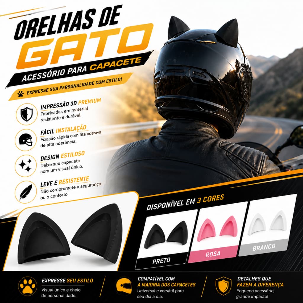 Orelha De Gato Acessório Moto Bike Fixar Capacete Dupla Face Enfeite Decoração Cat Ears Par de Orelinhas Gatinho Fone