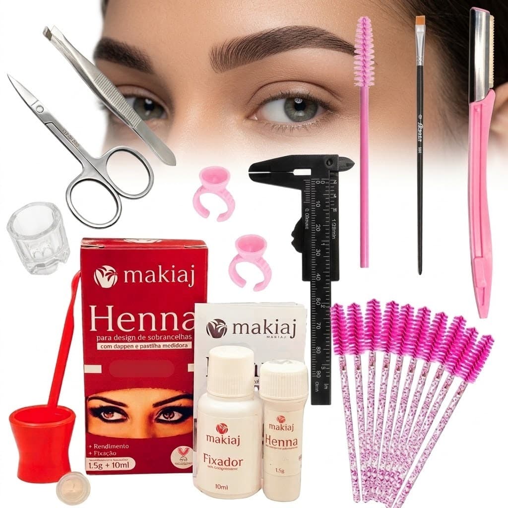 Kit Design para Sobrancelhas Henna Makiaj Hipoalergênica Paquimêtro Navalha Completo