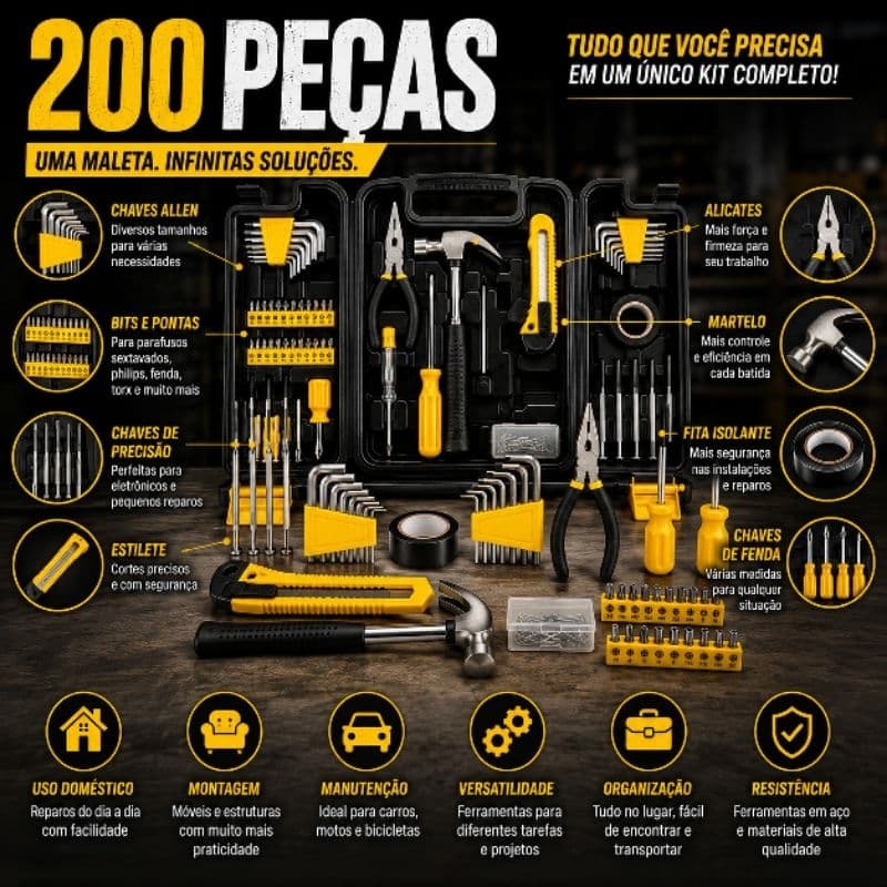 Kit Ferramenta Completo Maleta Ferramentas 200 Pecas Organizador Preto Profissional