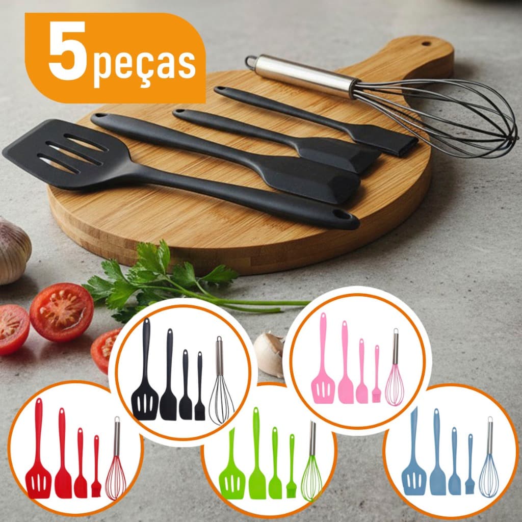 Kit Utensílios De Cozinha Em Silicone 5 Peças  Com  Espátula Pincel Culinário Batedor de ovos