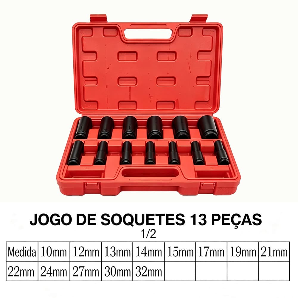 Jogo De Soquetes De Impacto 1/2" 13 Peças Com Maleta Organizadora Profissional Para Oficina Automotiva