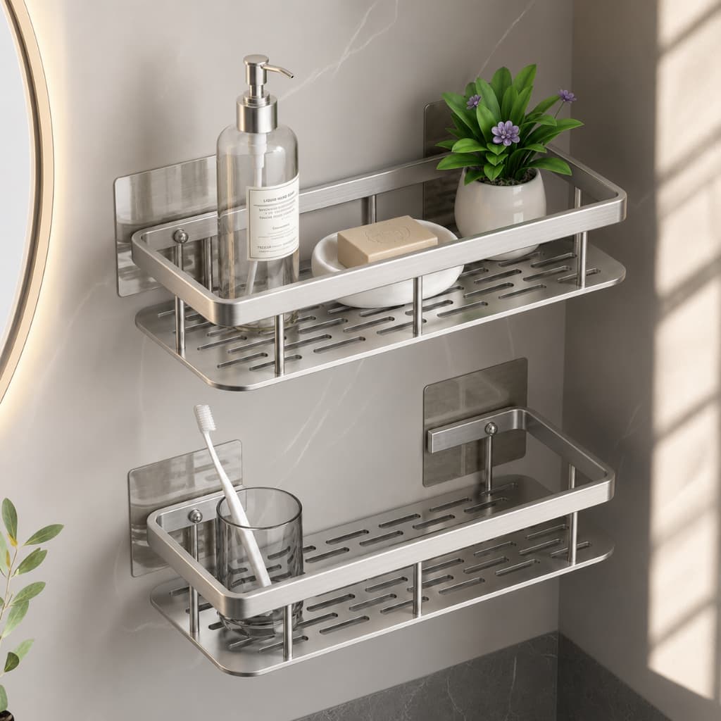 KIT 2 Suporte de Shampoo Organizador Adesivo Prata Alumínio Prateleira Sem Furo Banheiro Premium