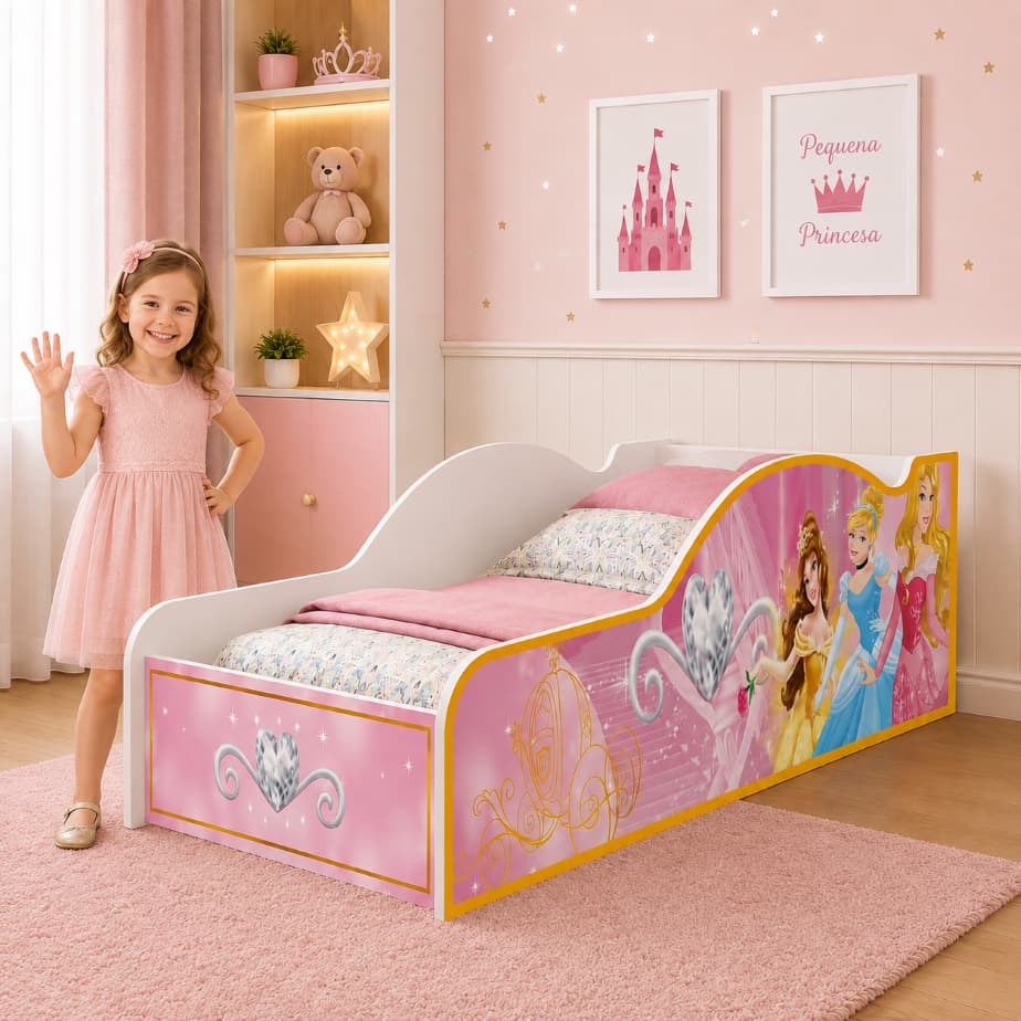 Cama Infantil Menina Princesas com Colchão Incluso Grades de Proteção