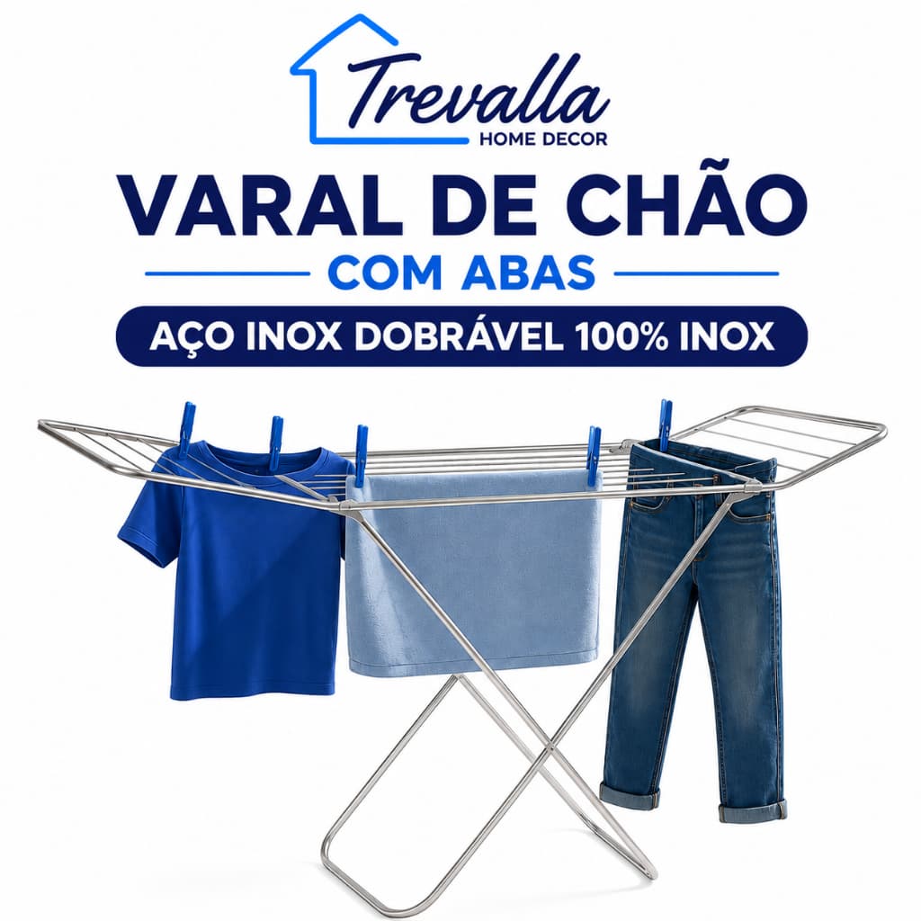 Varal de Chão com Abas Aço Inox Dobrável 100% Inox | Leve, Reforçado e Durável | Pronta Entrega