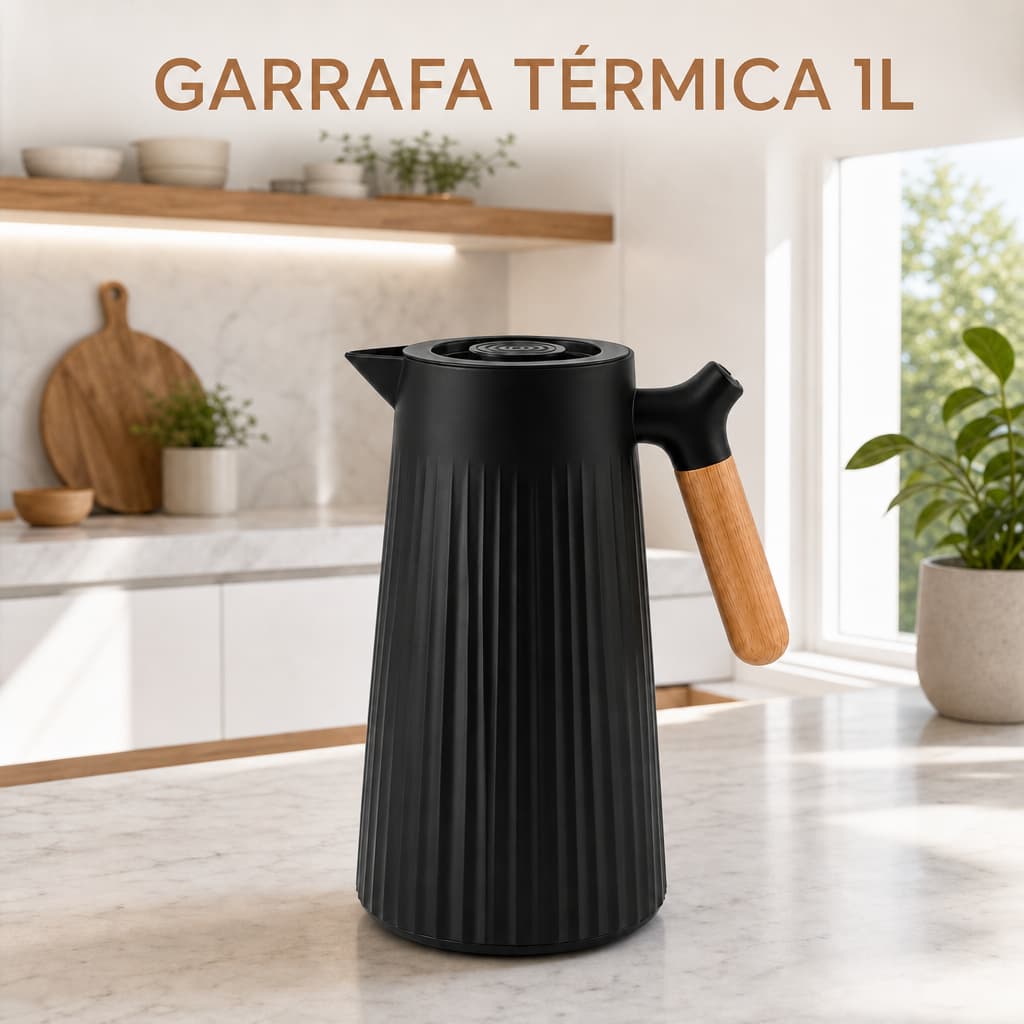 Garrafa Térmica 1L Café Ampola de Vidro Cabo Amadeirado