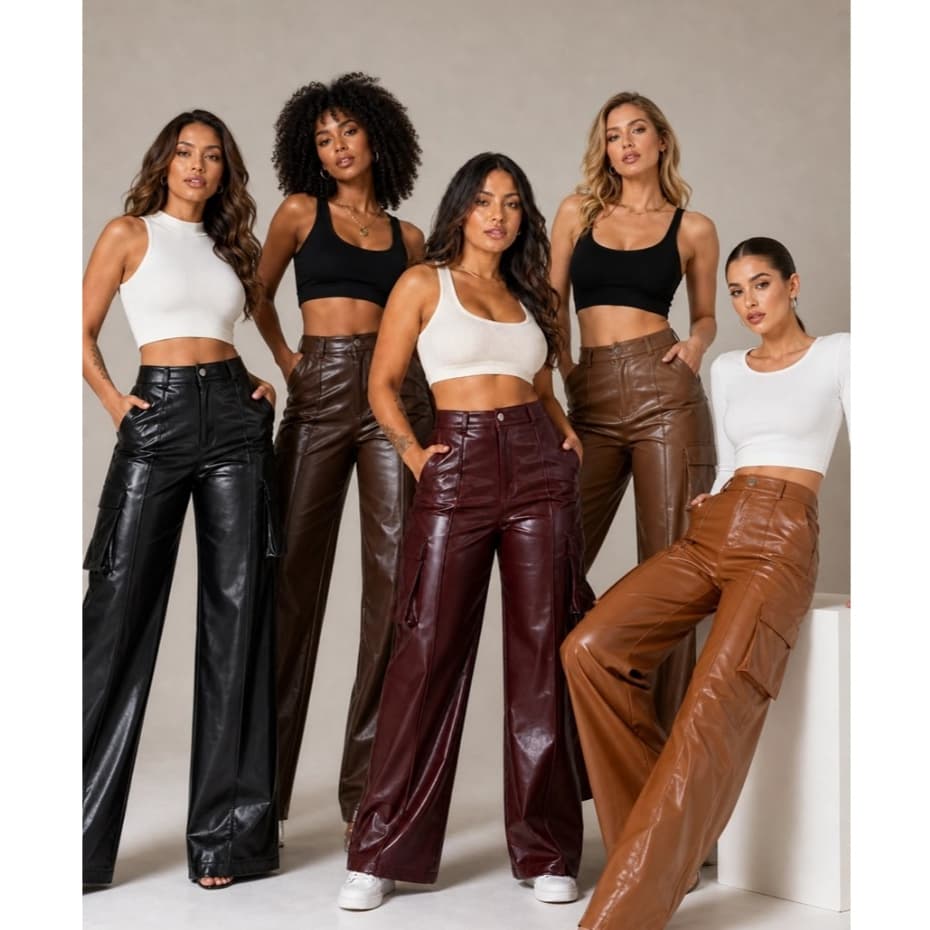 Calça Feminina Pantalona Couro Fake Cintura Alta Cargo Zíper Dia e Noite Estilosa
