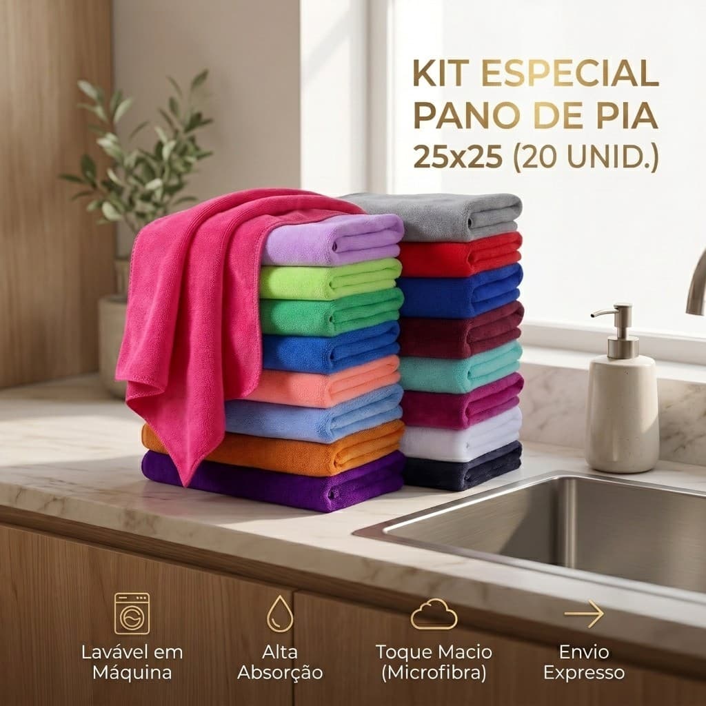 Kit 20 Panos De Pia Microfibra 25x25cm Alta Absorção Multiuso Limpeza Cozinha - Envio Imediato