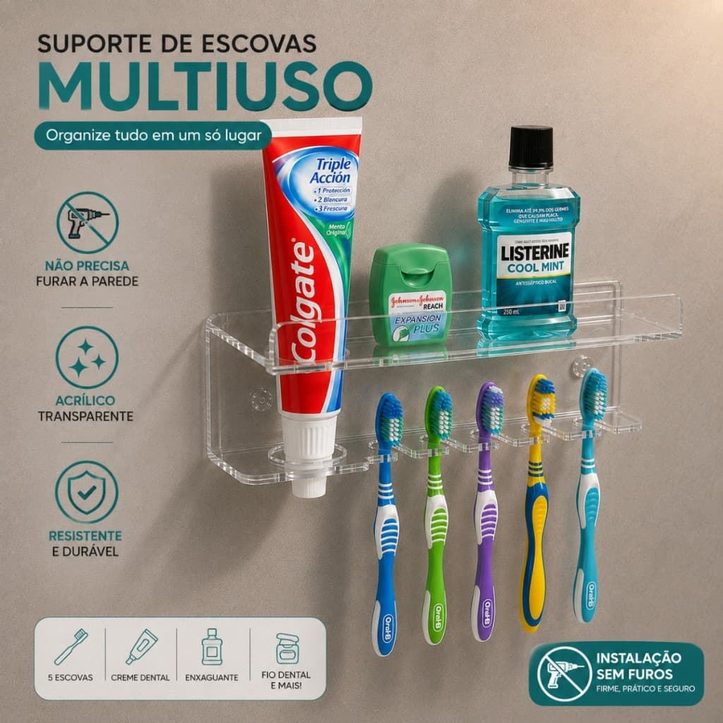 Organizador de Banheiro Multiuso Suporte Para Escova E Pasta De Dentes De Acrílico Cristal Porta Escovas de Parede