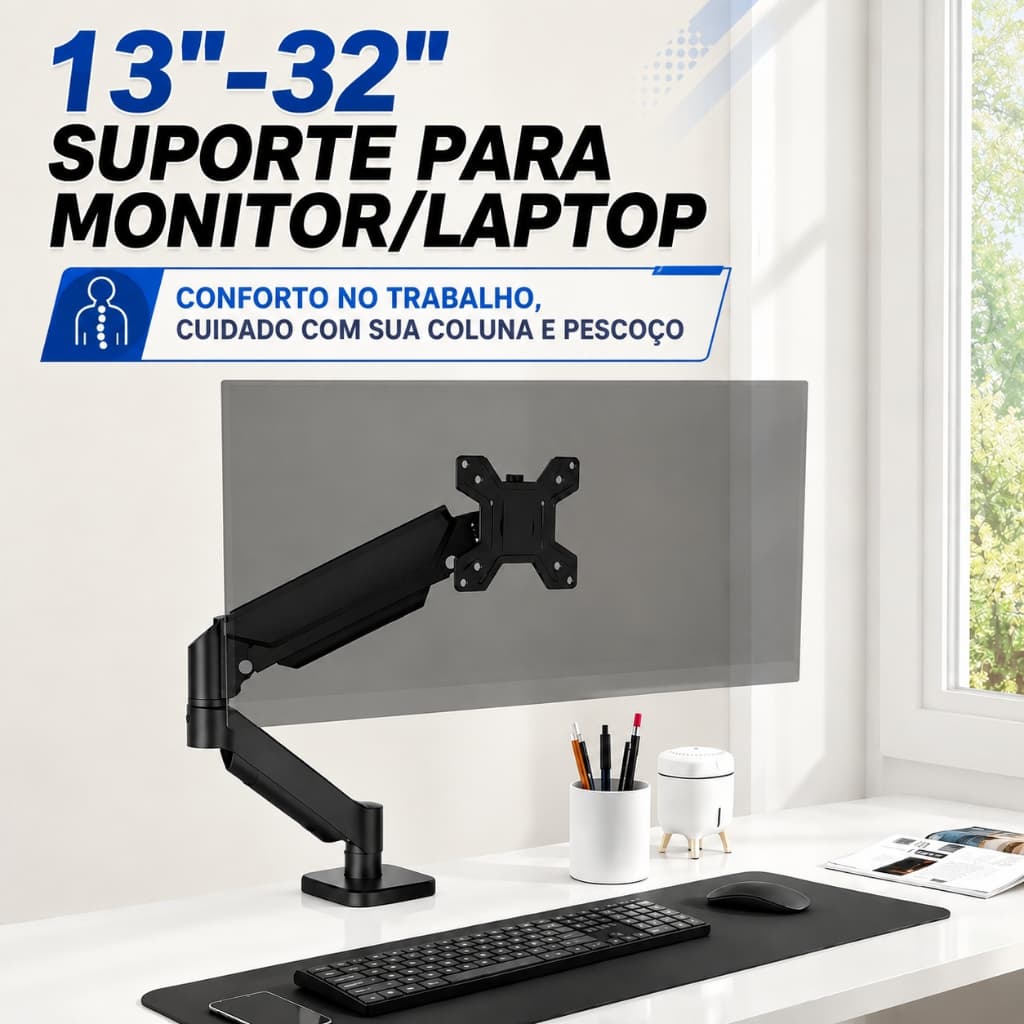 Suporte Braço Articulado Para Monitor E TV 13 A 32 Polegadas Pistão A Gás 2kg A 9kg Ergonômico De Mesa Universal