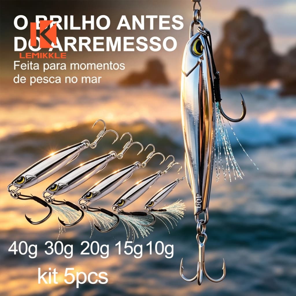 LEMIKKLE-Conjunto 5 Iscas Jig Lâmina Metalica,   Pesca Marinha, Pesos 10g15g20g30g40g, Arremesso Longo Com Anzóis Duplos