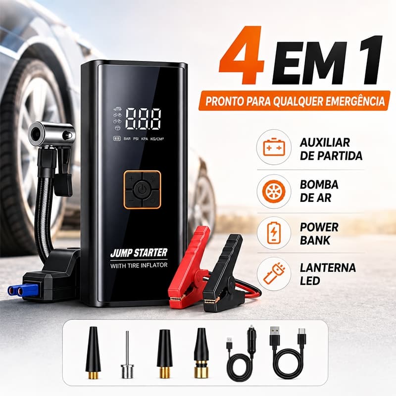 Bomba de ar inflador multifuncional, auxiliador de partida carro+powerbank 10000mAh, portátil,emergências automotivas