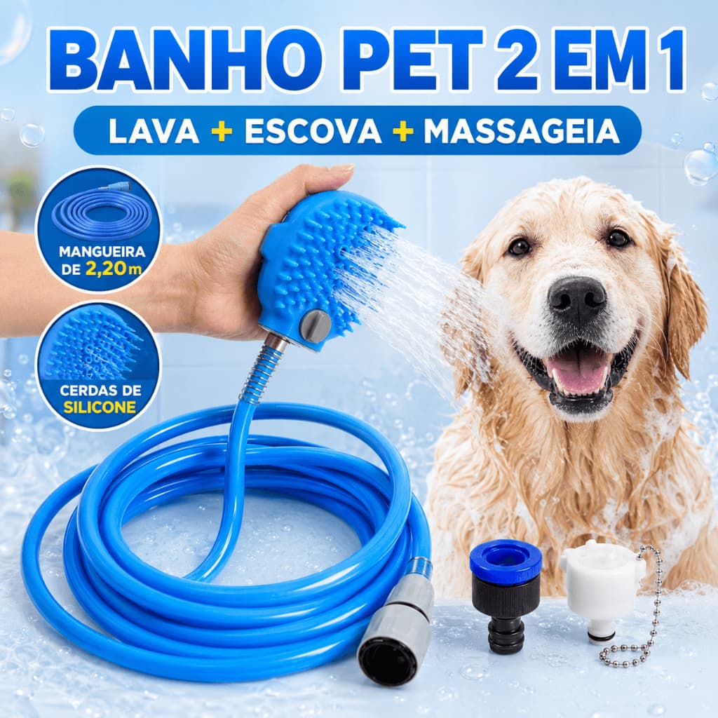 Mangueira para Banho Pet 2,20m com Escova Massageadora de Silicone e Controle de Água 2 em 1