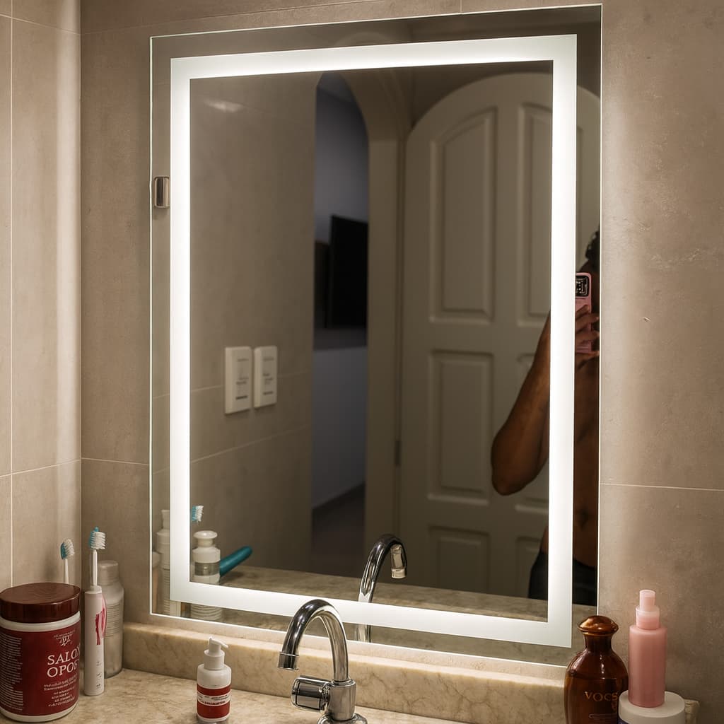 Espelho Retangular 80x50cm Jateado 3 Cores LED Touch Decorativo Banheiro Quarto Corredor