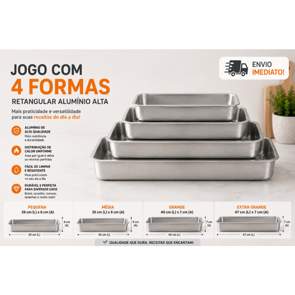 Jogo com 4 Formas Retangular Alta, para Bolos e Comida, Grande