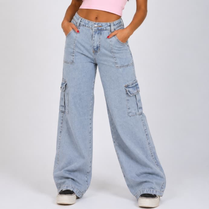 Calça Cargo Jeans Marmorizada Menina Juvenil 10 ao 16 anos com bolsos laterais premium