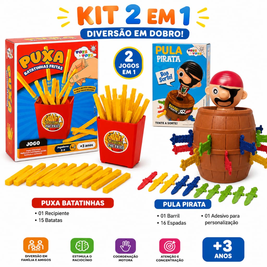 Jogo Infantil Educativo de Mesa – Puxar Batatinhas Fritas + Barril Pula Pirata Grande, Brinquedo Divertido para Crianças