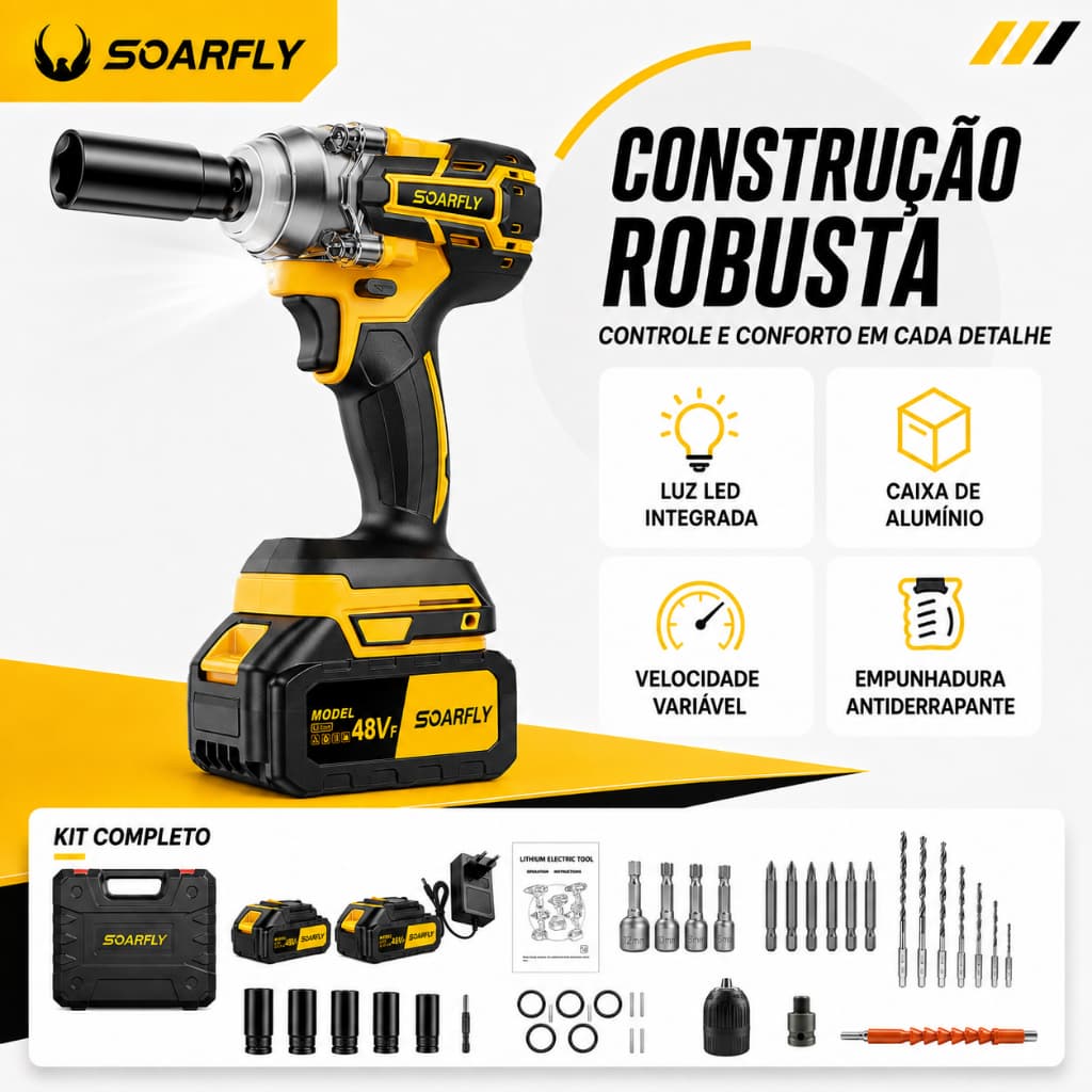 SOARFLY Chave De Impacto Sem Fio Elétrica Com Maleta Brushless 2 Baterias 48v Bivolt 550NM Reforçada
