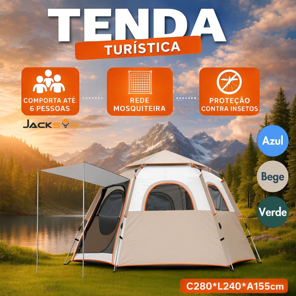 JACKSUN Barraca turística ampla para 2 a 6 pessoas, ideal para camping, pesca e passeios em família e amigos. Possui red