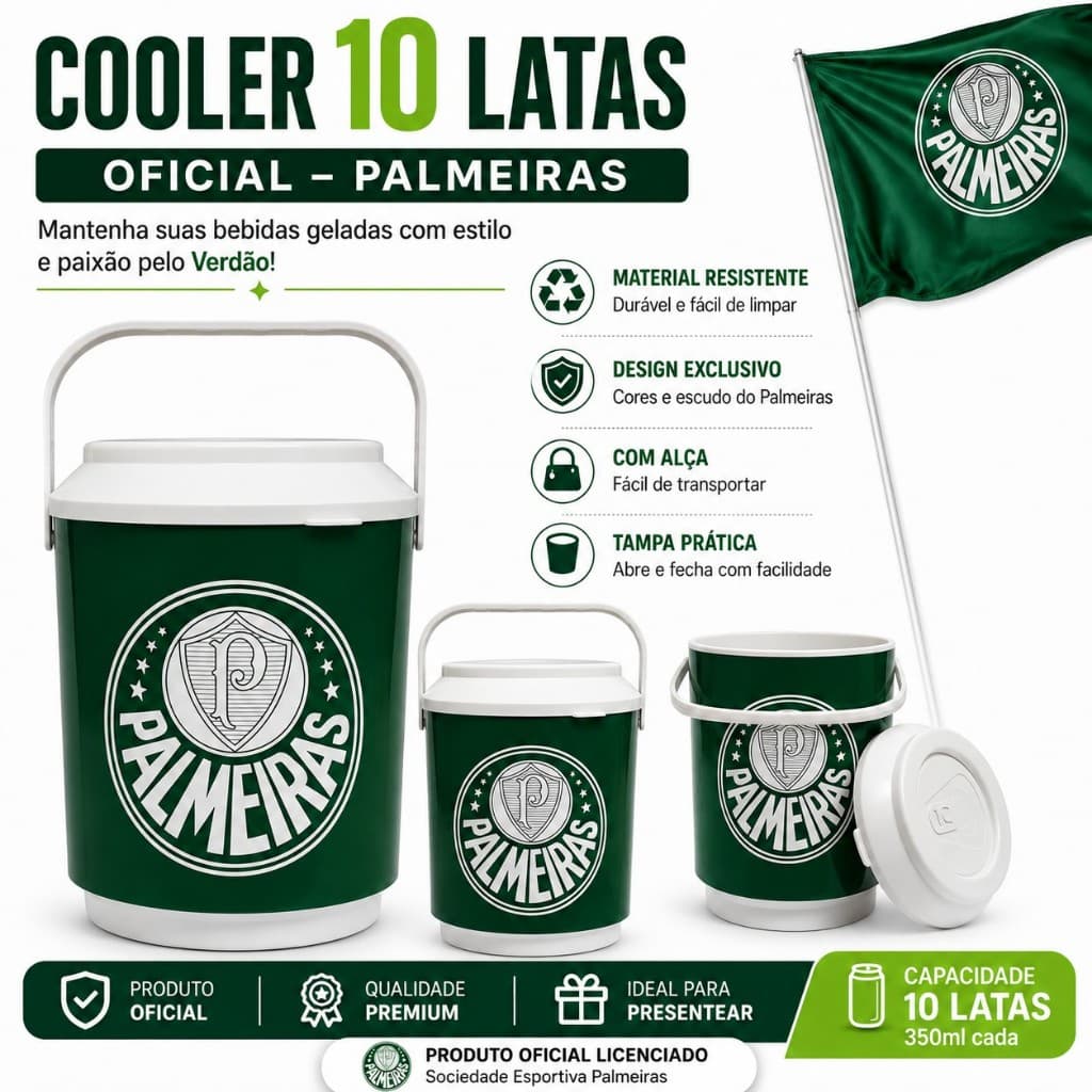 Cooler Térmico Palmeiras Oficial 10 Latas 6 Litros Alça Bebida Gelada Original Presente Torcedor