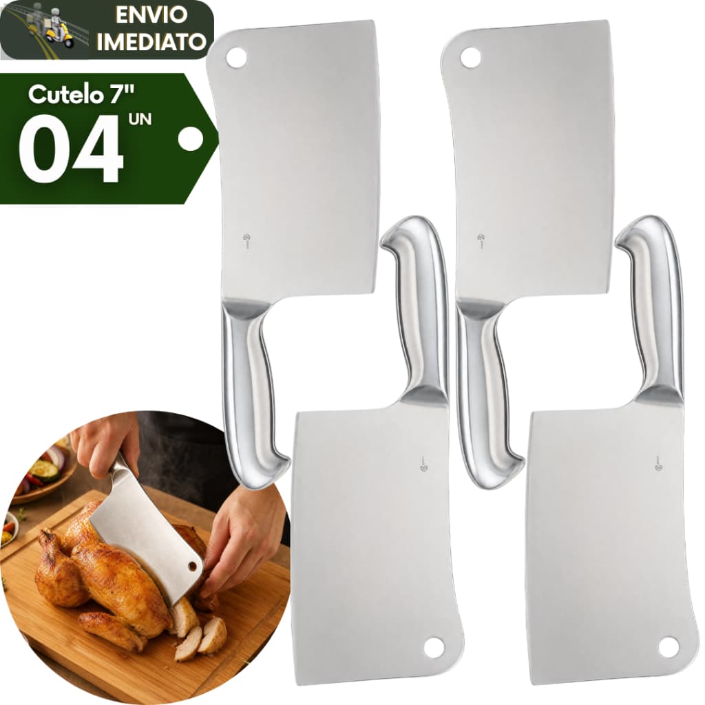 Kit 4 Faca Cutelo Machado 7 Polegada Aço Escovado Cortes Robustos Ideal Cozinha Churrascaria Açougue