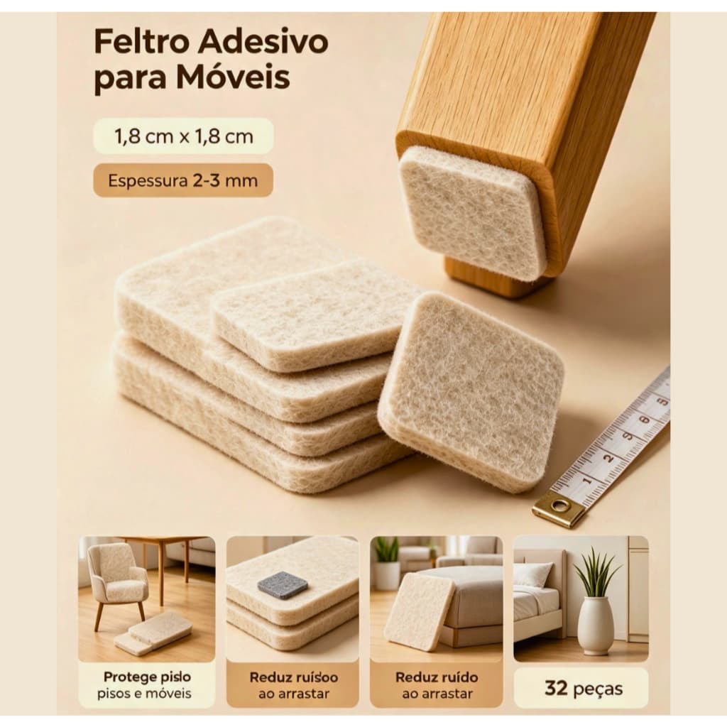 Kit 32 Protetor Feltro Quadrado Para Móveis Pé Mesa Cadeiras sofá Auto Adesivo Antirrisco