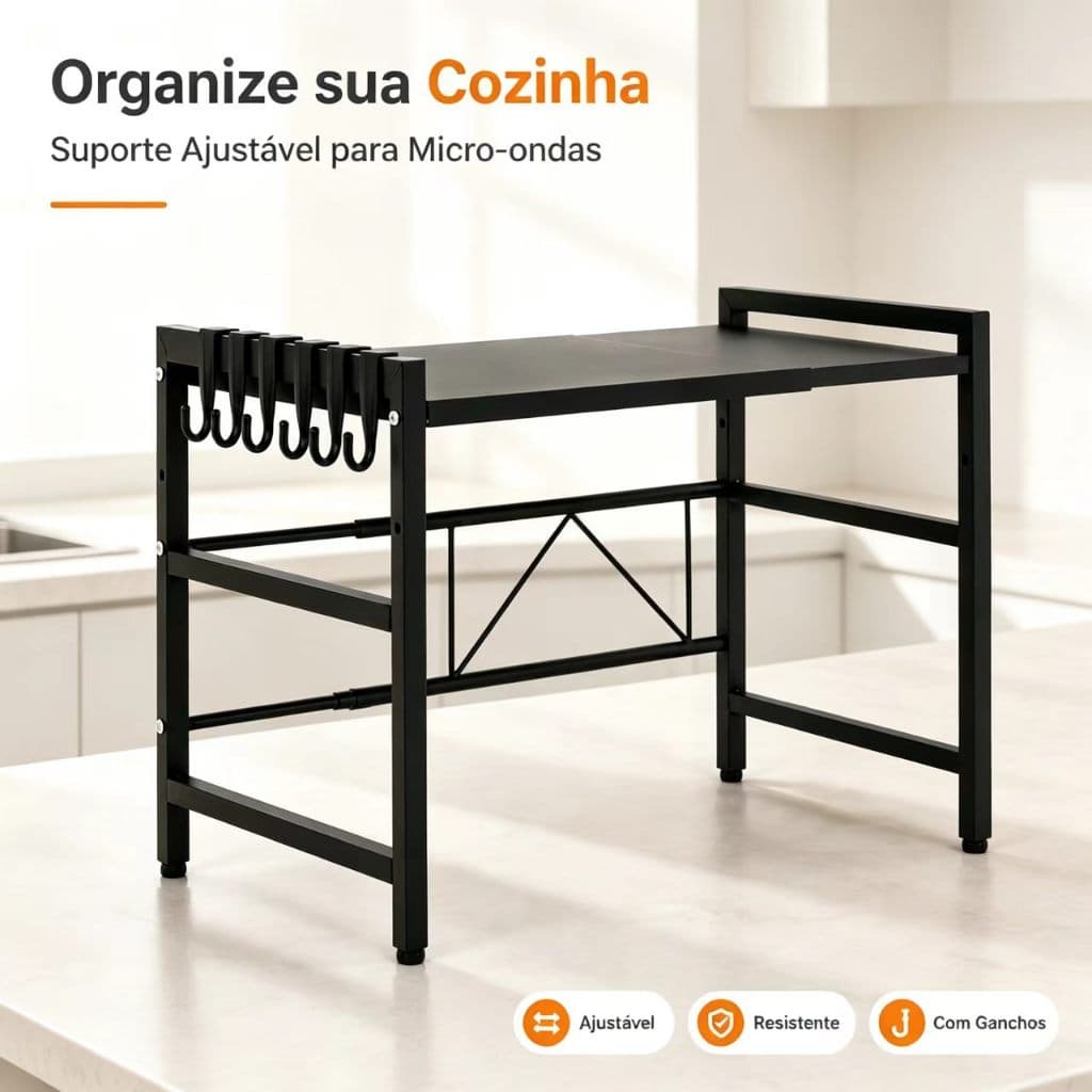 Suporte Expansível em Aço Carbono para Micro‑ondas, Prateleira Multiuso de Cozinha com Ganchos