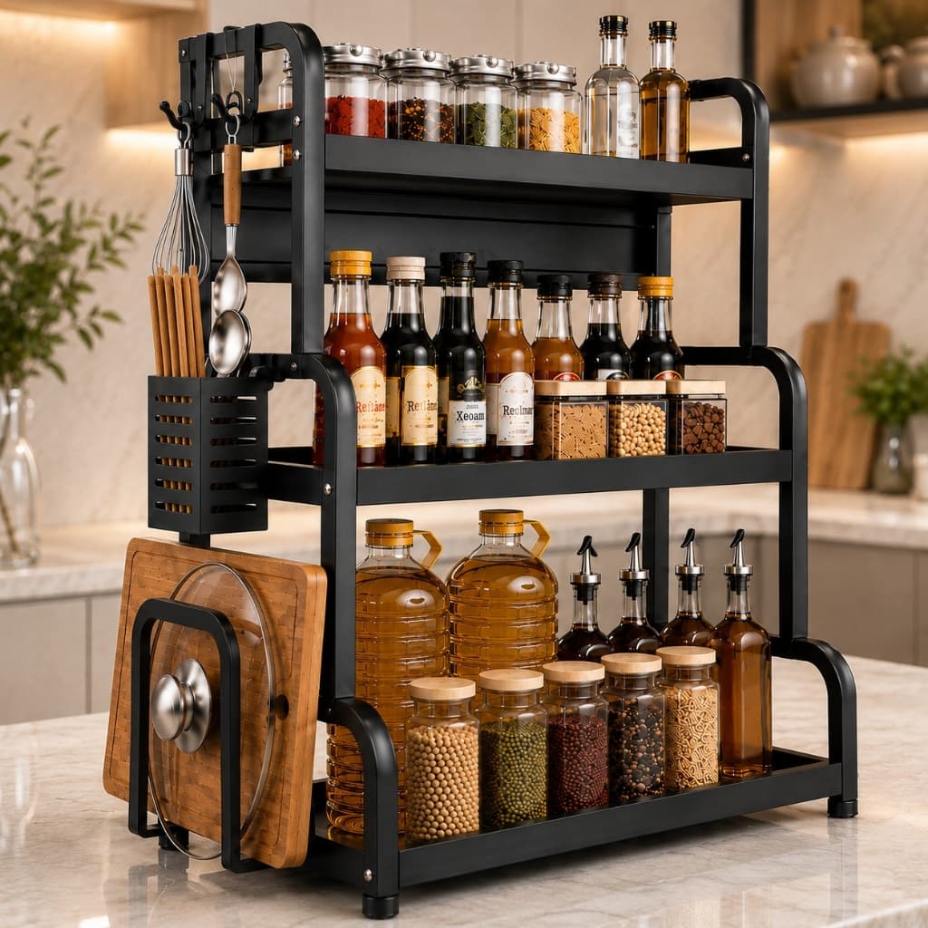 Organizador de Cozinha 3 Andares em Aço Carbono, Porta Temperos Multifuncional para Bancada com Suporte para Utensílios