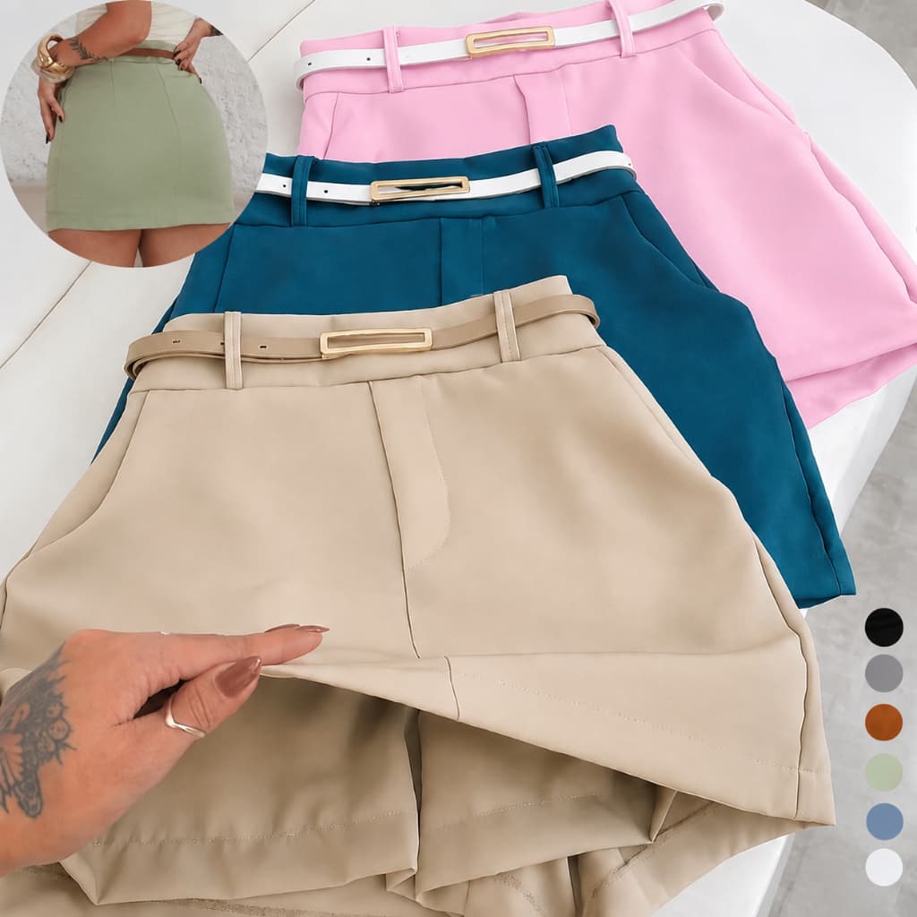 Short Saia Feminino Alfaiataria Cintura Alta com Cinto Elegante Social Casual