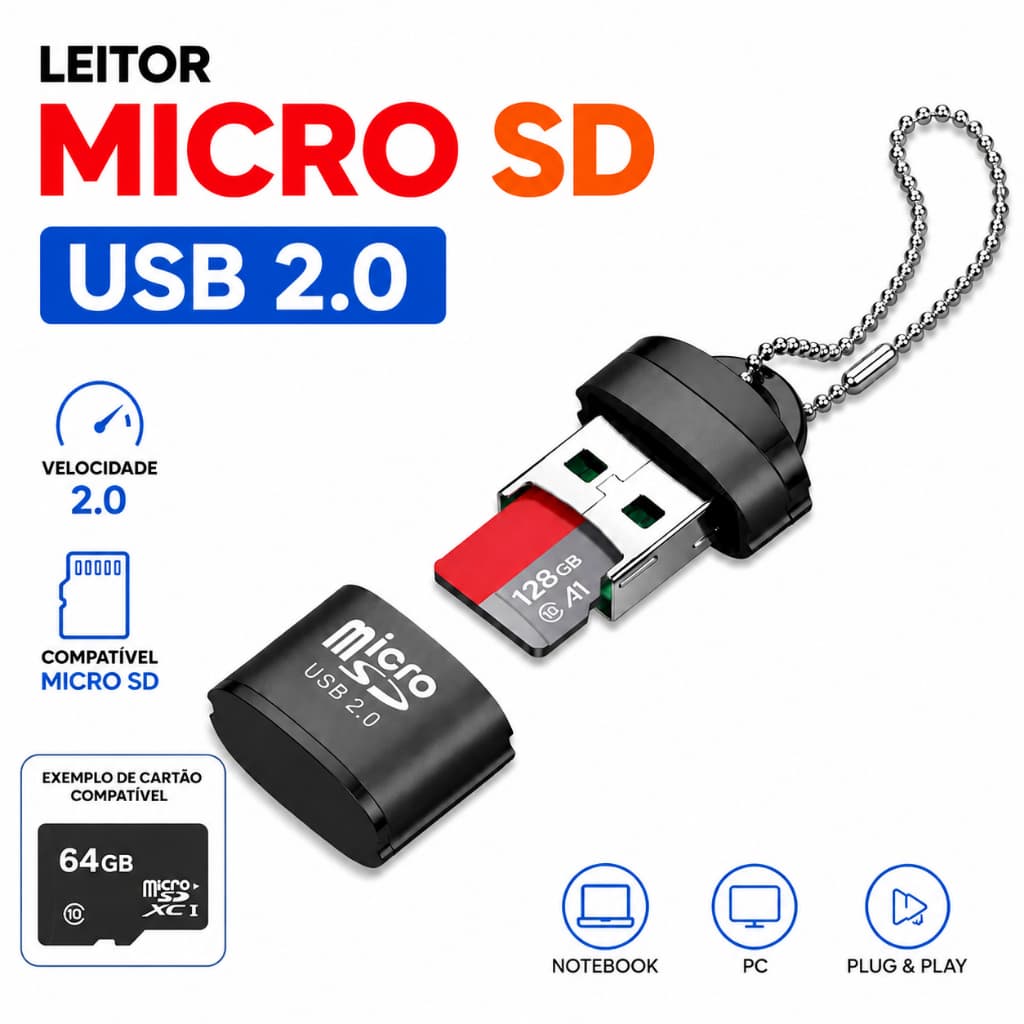 Adaptador Mini Leitor de Cartão Micro SD USB 2.0 para PC Computador  Notebook Transferência de Dados
