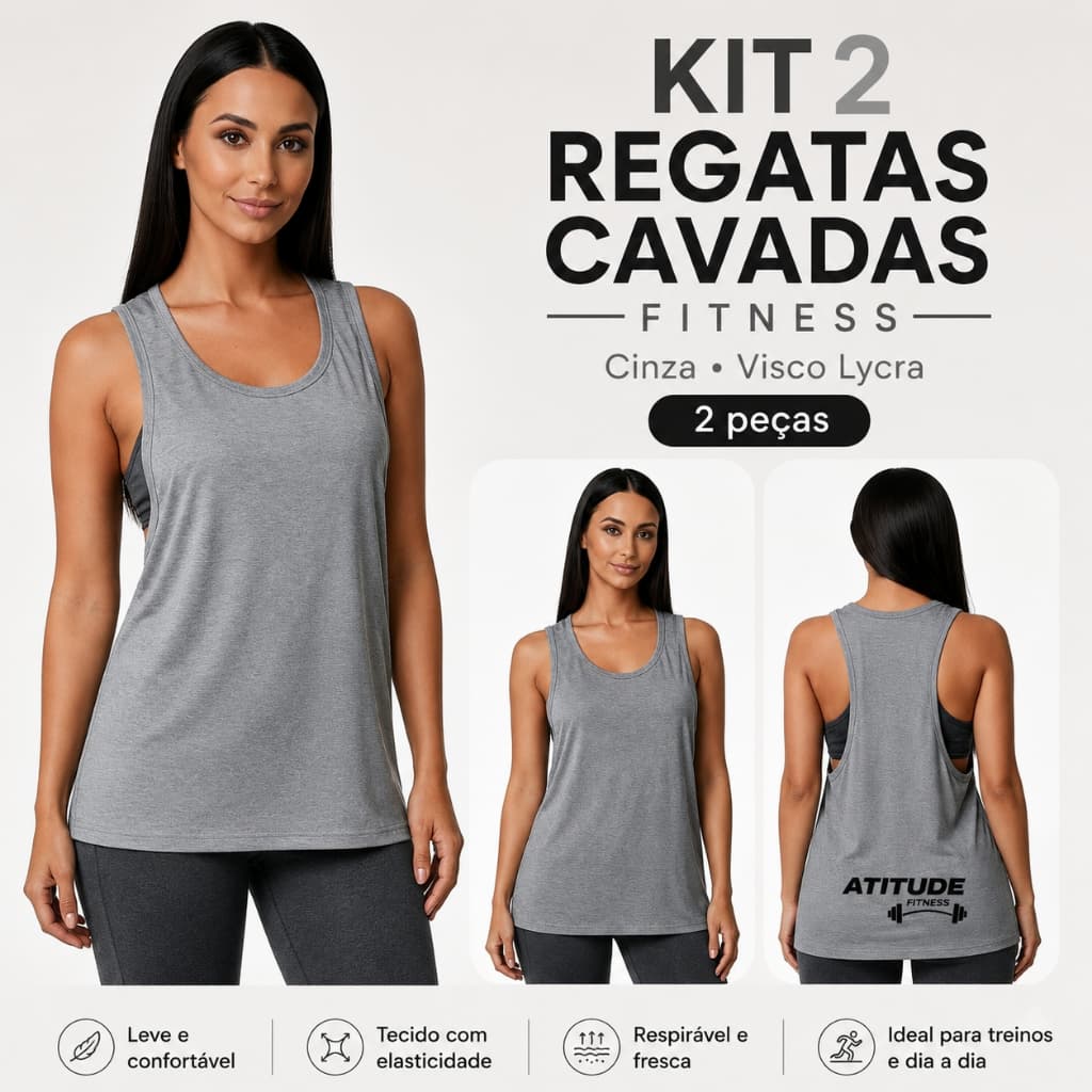 Kit 2 Regatas Cavadas Femininas Fitness Visco Lycra Costas Nadador Cinza Academia Treino