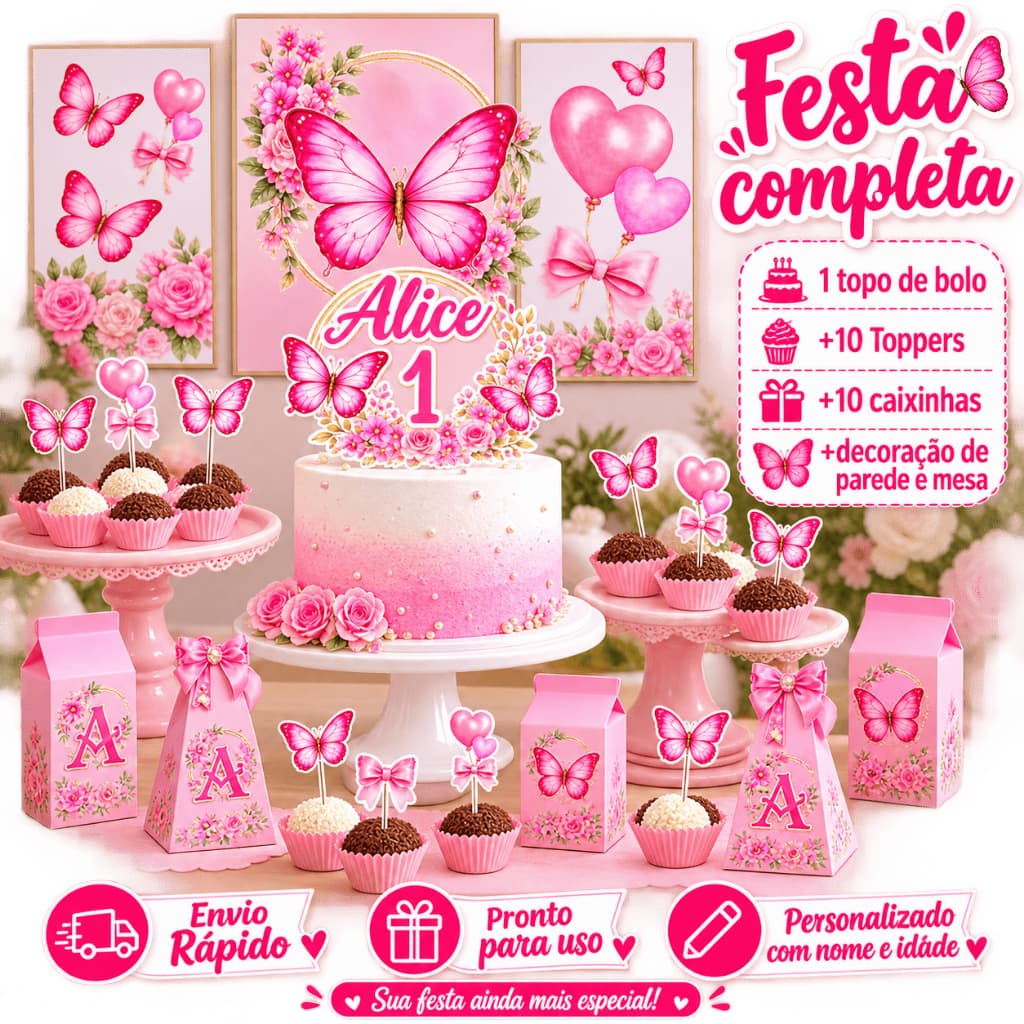 Kit festa Completa personalizada Borboletas:1 topo, 10 toppers doces, 10 caixinhas, decoração