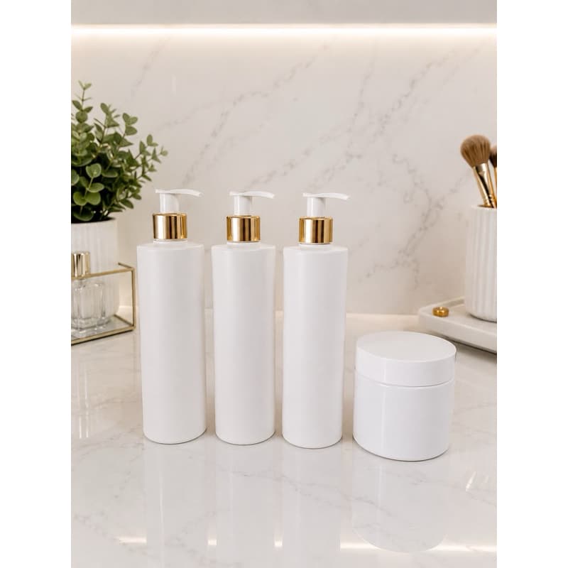 Kit Banheiro 03 Frascos Branco Luxo 500ml + Pote Dourado  + val Dourada Sh, Cond, sab e Creme