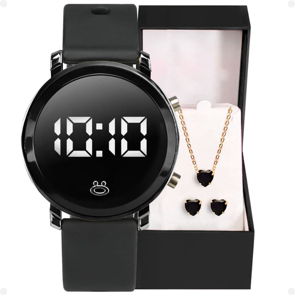 Relógio Feminino Digital Redondo Preto Black Piano com Colar Pingente de Strass e Caixa